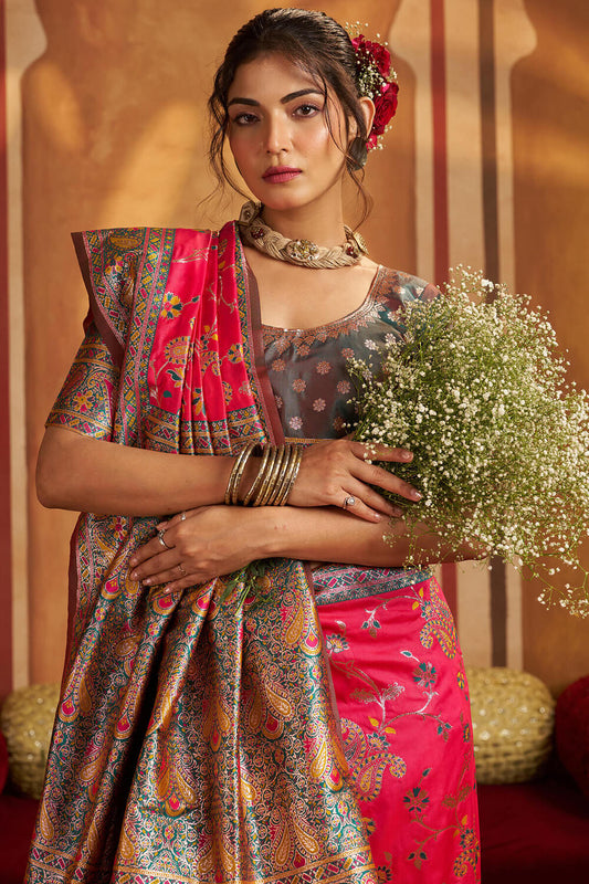 Inimitable Dark Pink Pure Zari Weaving Banarasi Silk Saree With Scrumptious Blouse Piece