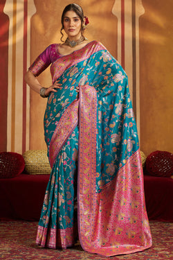 Demesne Firozi Pure Zari Weaving Banarasi Silk Saree With Arresting Blouse Piece