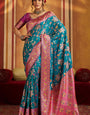 Demesne Firozi Pure Zari Weaving Banarasi Silk Saree With Arresting Blouse Piece