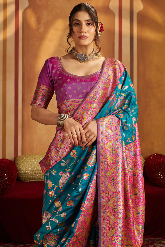 Demesne Firozi Pure Zari Weaving Banarasi Silk Saree With Arresting Blouse Piece