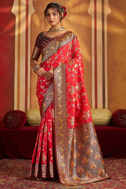 Elaborate Red Pure Zari Weaving Banarasi Silk Saree With Super extravagant Blouse Piece