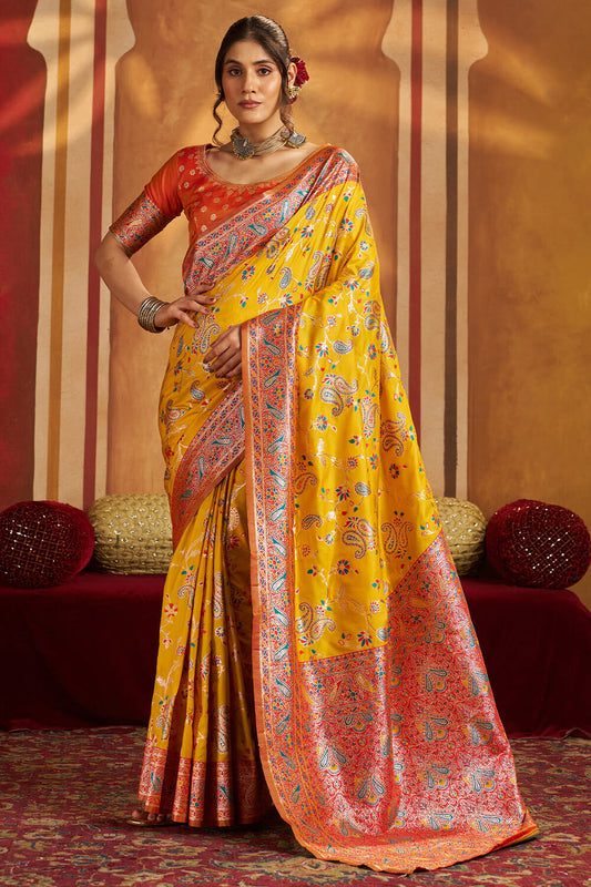 Adoring Yellow Pure Zari Weaving Banarasi Silk Saree With Vestigial Blouse Piece