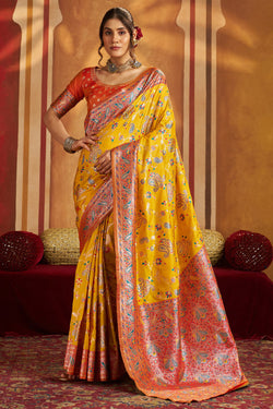 Adoring Yellow Pure Zari Weaving Banarasi Silk Saree With Vestigial Blouse Piece