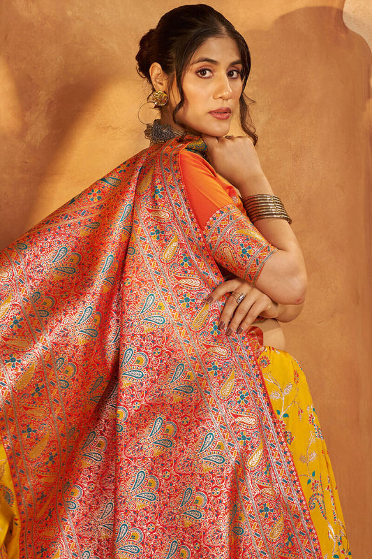 Adoring Yellow Pure Zari Weaving Banarasi Silk Saree With Vestigial Blouse Piece