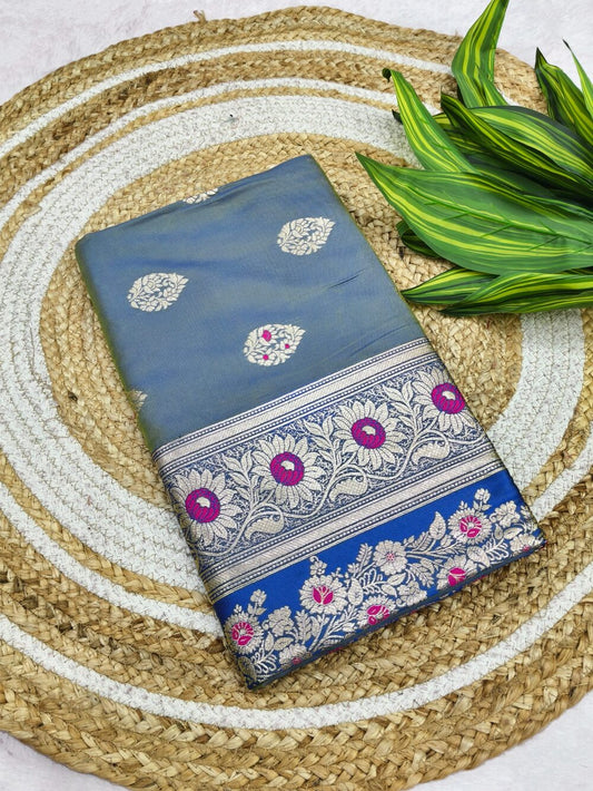 Dalliance Blue Pure Zari Weaving Banarasi Silk Saree With Vivacious Blouse Piece