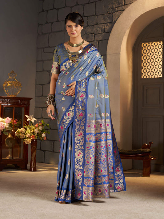 Dalliance Blue Pure Zari Weaving Banarasi Silk Saree With Vivacious Blouse Piece
