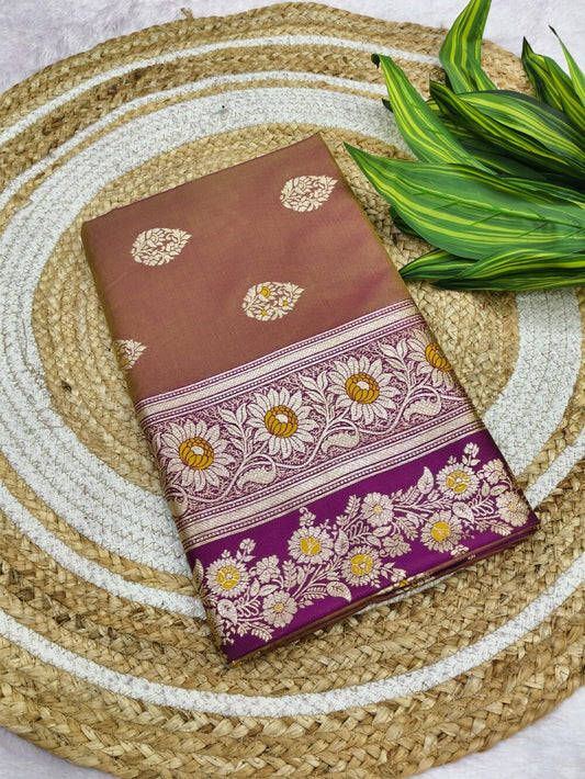 Jubilant Brown Pure Zari Weaving Banarasi Silk Saree With Lassitude Blouse Piece