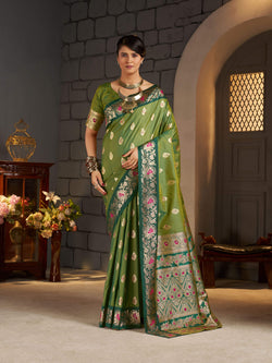 Breathtaking Green Pure Zari Weaving Banarasi Silk Saree With Nemesis Blouse Piece
