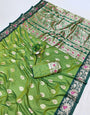 Breathtaking Green Pure Zari Weaving Banarasi Silk Saree With Nemesis Blouse Piece