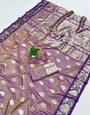 Incomparable Lavender Pure Zari Weaving Banarasi Silk Saree With Prettiest Blouse Piece