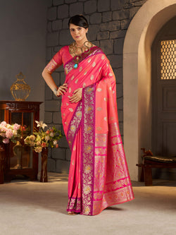 Seraphic Pink Pure Zari Weaving Banarasi Silk Saree With Eye-catching Blouse Piece