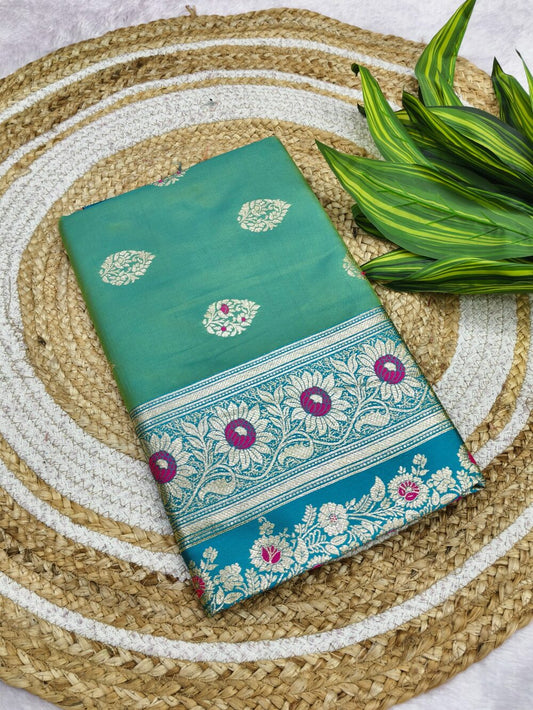 Forbearance Sea Green Pure Zari Weaving Banarasi Silk Saree With Designer Blouse Piece