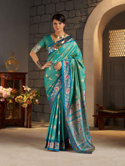 Forbearance Sea Green Pure Zari Weaving Banarasi Silk Saree With Designer Blouse Piece
