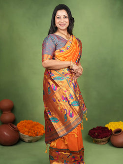 Alluring Orange Paithani Silk Saree With Glowing Blouse Piece