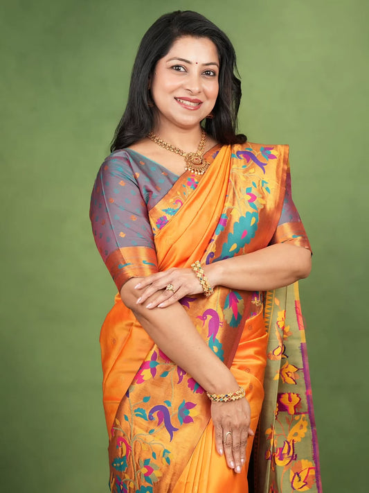 Alluring Orange Paithani Silk Saree With Glowing Blouse Piece