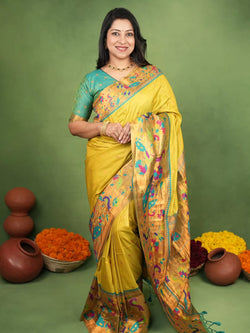 Exuberant Yellow Paithani Silk Saree With Twirling Blouse Piece