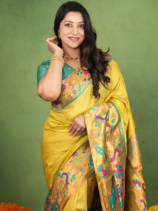 Exuberant Yellow Paithani Silk Saree With Twirling Blouse Piece