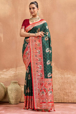 Forbearance Dark Green Pure Zari Weaving Banarasi Silk Saree With Evocative Blouse Piece