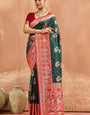 Forbearance Dark Green Pure Zari Weaving Banarasi Silk Saree With Evocative Blouse Piece
