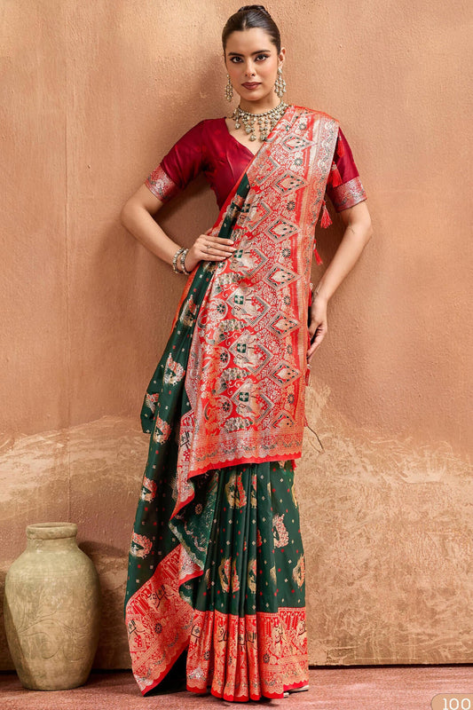 Forbearance Dark Green Pure Zari Weaving Banarasi Silk Saree With Evocative Blouse Piece