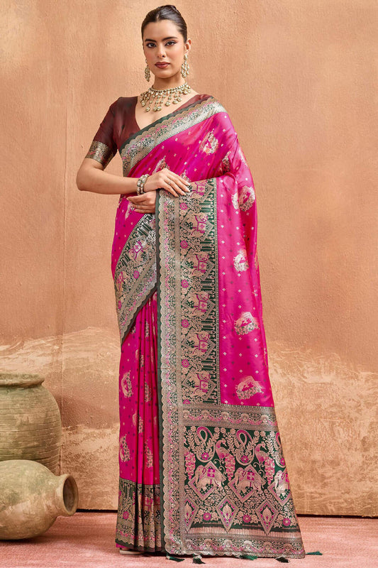 Scrumptious Dark Pink Pure Zari Weaving Banarasi Silk Saree With Seraphic Blouse Piece