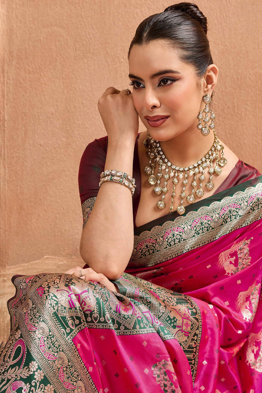 Scrumptious Dark Pink Pure Zari Weaving Banarasi Silk Saree With Seraphic Blouse Piece
