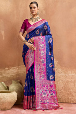 Lassitude Navy Blue Pure Zari Weaving Banarasi Silk Saree With Adorable Blouse Piece