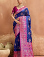 Lassitude Navy Blue Pure Zari Weaving Banarasi Silk Saree With Adorable Blouse Piece
