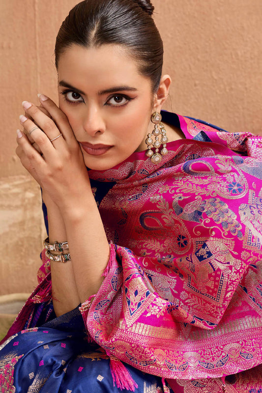 Lassitude Navy Blue Pure Zari Weaving Banarasi Silk Saree With Adorable Blouse Piece