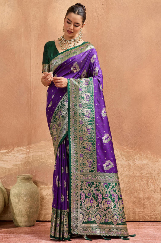 Glowing Purple Pure Zari Weaving Banarasi Silk Saree With Resonant Blouse Piece