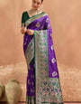 Glowing Purple Pure Zari Weaving Banarasi Silk Saree With Resonant Blouse Piece