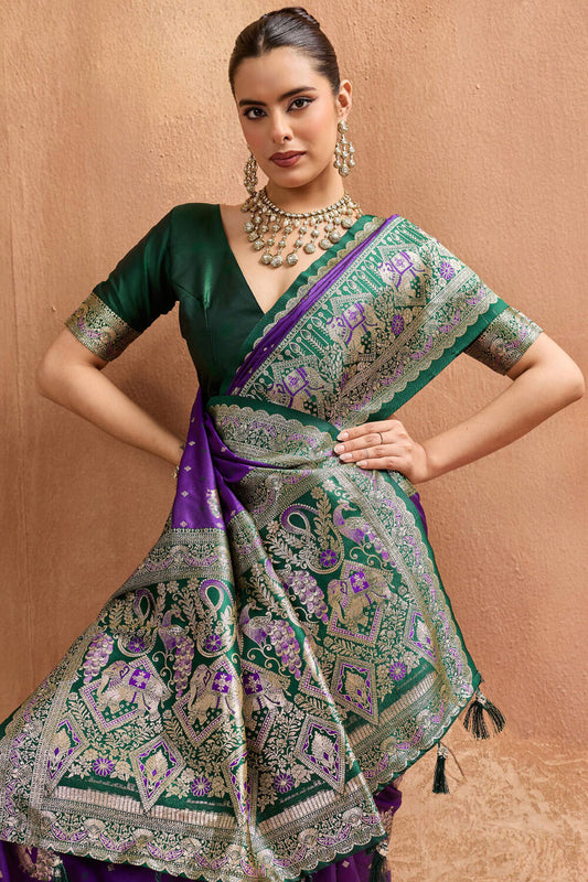 Glowing Purple Pure Zari Weaving Banarasi Silk Saree With Resonant Blouse Piece