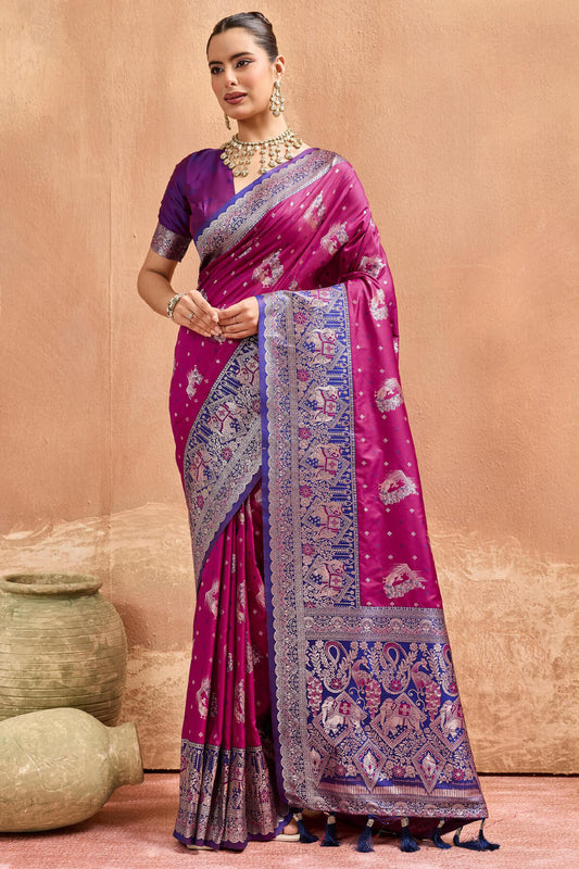 Diaphanous Wine Pure Zari Weaving Banarasi Silk Saree With Engaging Blouse Piece