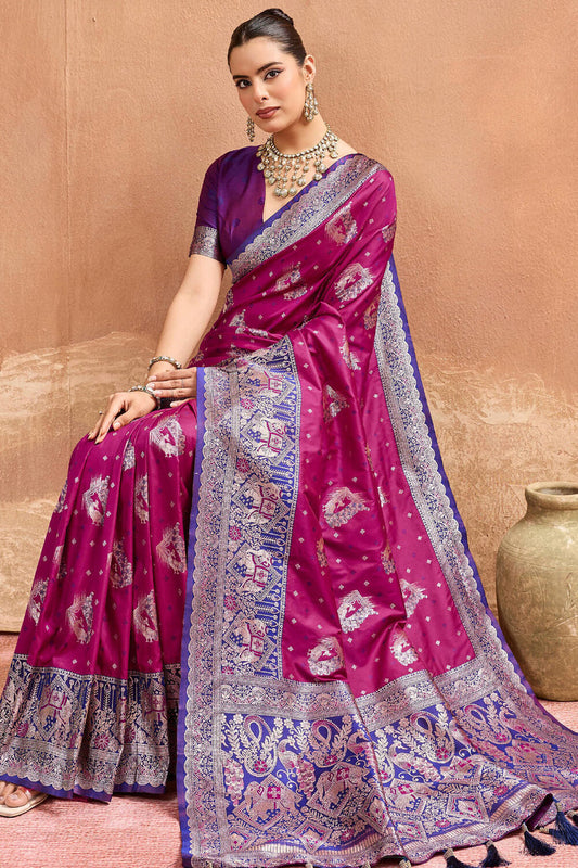 Diaphanous Wine Pure Zari Weaving Banarasi Silk Saree With Engaging Blouse Piece