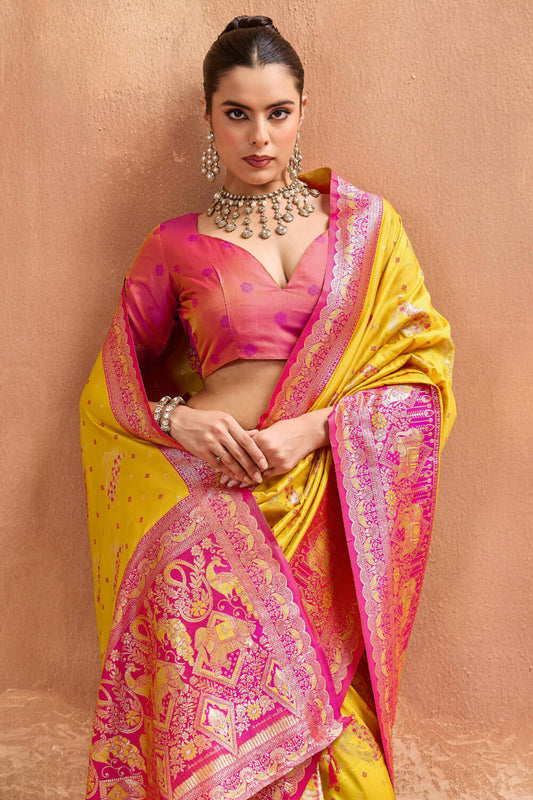 Snappy Yellow Pure Zari Weaving Banarasi Silk Saree With Pleasurable Blouse Piece