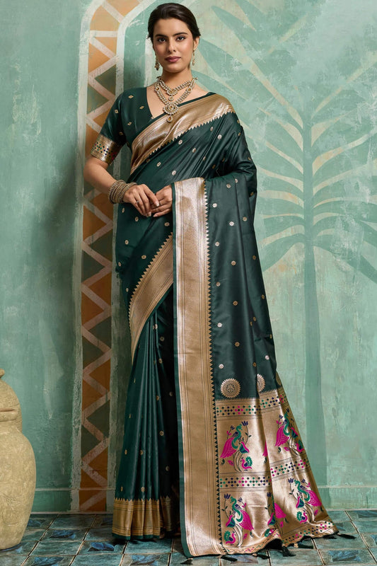 Luminous Dark Green Paithani Silk Saree With Inspiring Blouse Piece