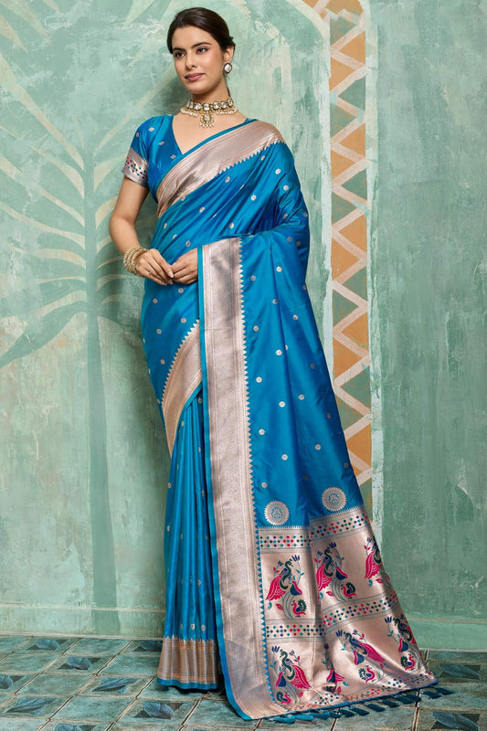 Ornate Firozi Paithani Silk Saree With Posh Blouse Piece