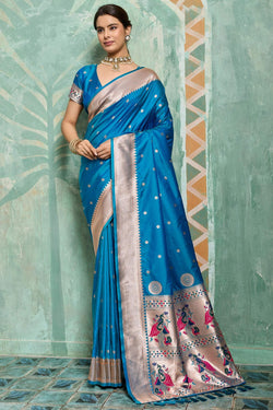 Ornate Firozi Paithani Silk Saree With Posh Blouse Piece