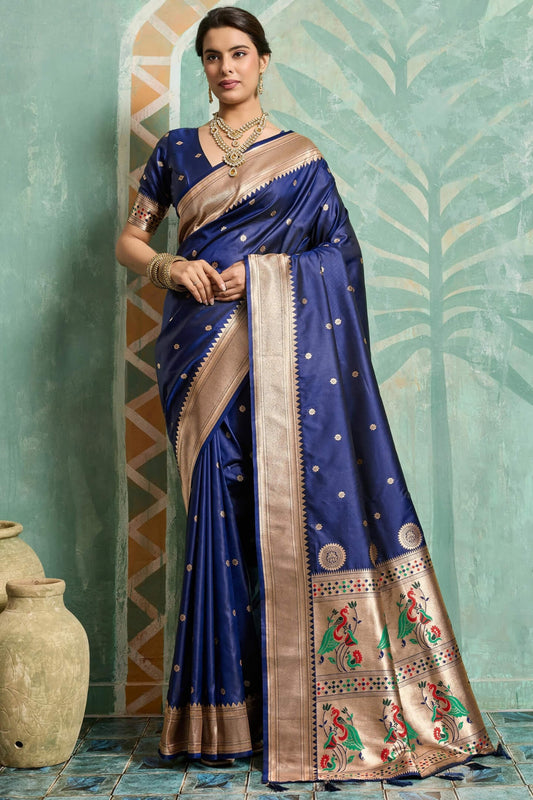 Splendiferous Navy Blue Paithani Silk Saree With Fragrant Blouse Piece