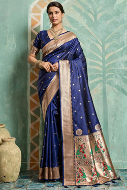 Splendiferous Navy Blue Paithani Silk Saree With Fragrant Blouse Piece