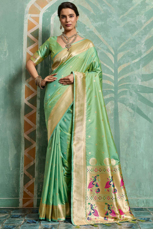 Scintillating Pista Paithani Silk Saree With Amazing Blouse Piece
