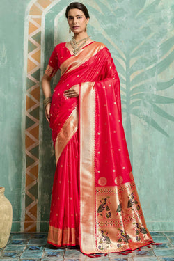Fantabulous Red Paithani Silk Saree With Flameboyant Blouse Piece