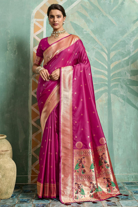 Effulgent Wine Paithani Silk Saree With Enthralling Blouse Piece