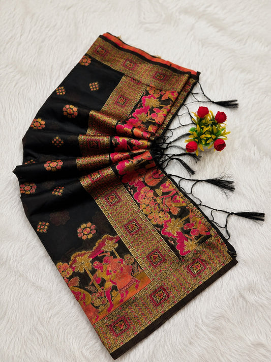 Fantabulous Black Pashmina Silk Saree With Staggering Blouse Piece