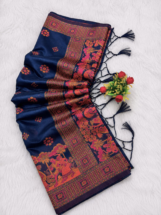 Embrocation Navy Blue Pashmina Silk Saree With Traditional Blouse Piece