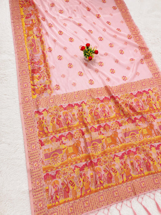 Fugacious Pink Pashmina Silk Saree With Lustrous Blouse Piece