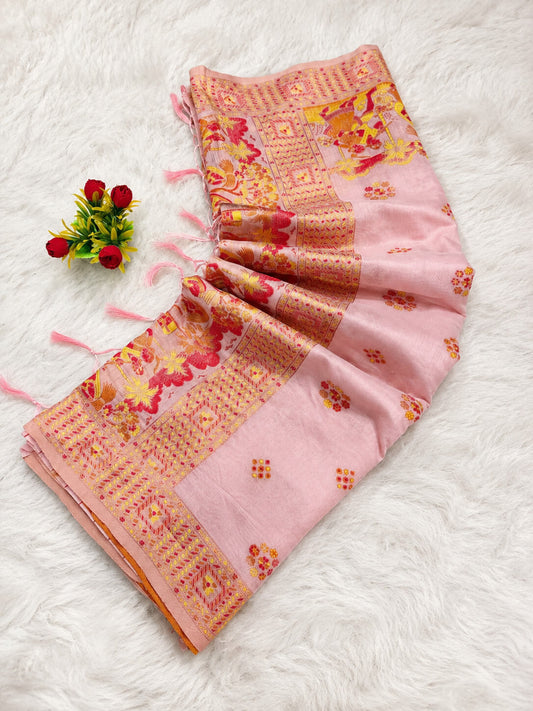 Fugacious Pink Pashmina Silk Saree With Lustrous Blouse Piece