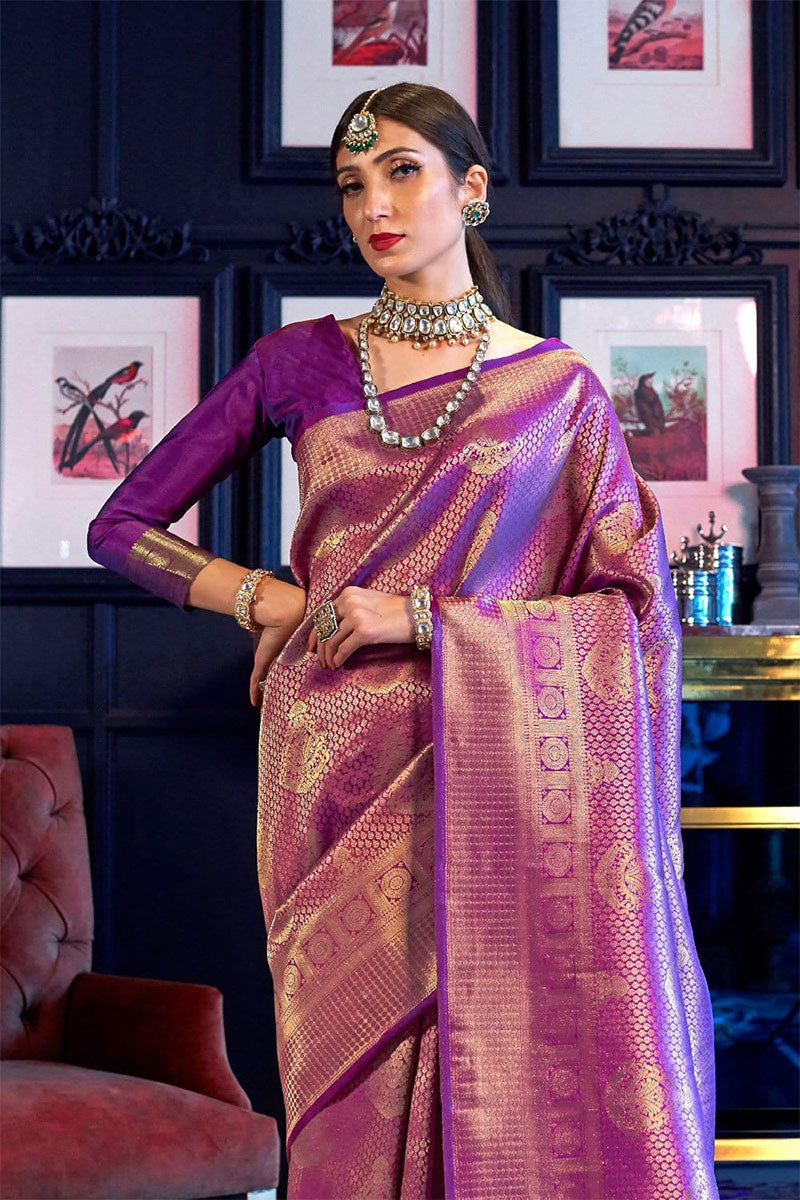 Evocative Purple Kanjivaram Silk Saree With Fugacious Blouse Piece