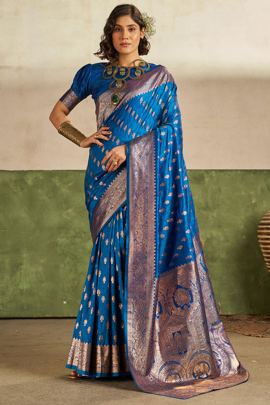 Captivating Blue Pure Zari Weaving Banarasi Silk Saree With Outstanding Blouse Piece