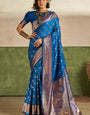Captivating Blue Pure Zari Weaving Banarasi Silk Saree With Outstanding Blouse Piece